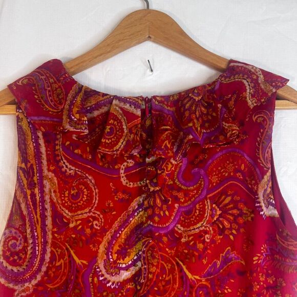 London Times Sleeveless Maxi Dress Bold Red Paisley Print Ruffled Boho Size 10 - Picture 7 of 15